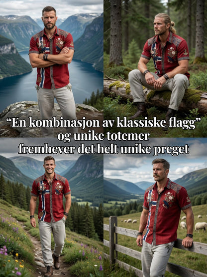 Mannens vintage bomull-lin-fritidsskjorte med norsk mønster
