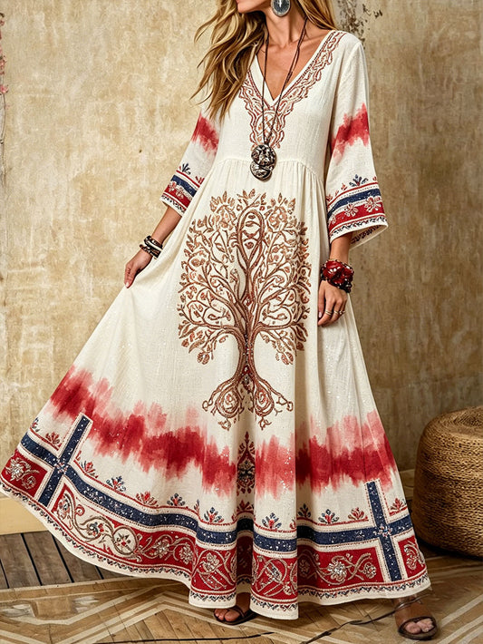 Women's dress in Scandinavian style with a Nordic floral motif printed on linen fabric