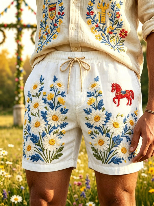 Men's Retro Swedish Midsummer Folk Floral Cotton-Linen Shorts
