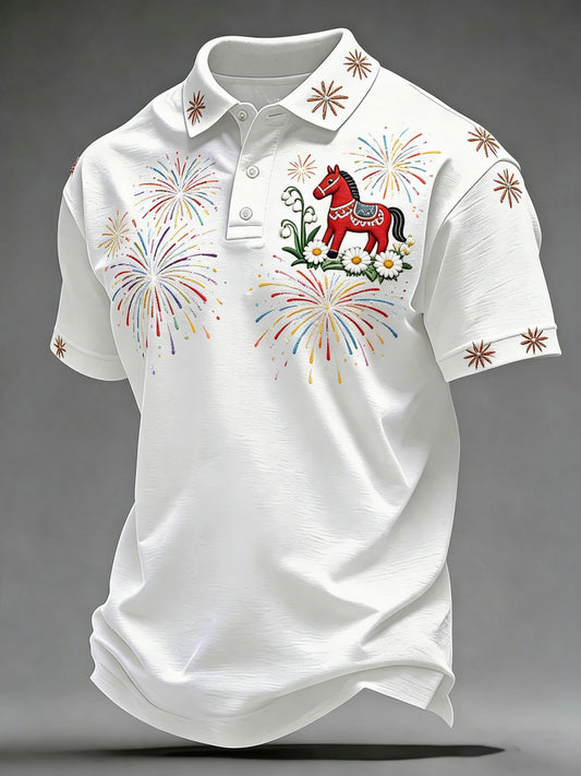 Men's polo shirt with short sleeves and an art print commemorating Sweden's National Day