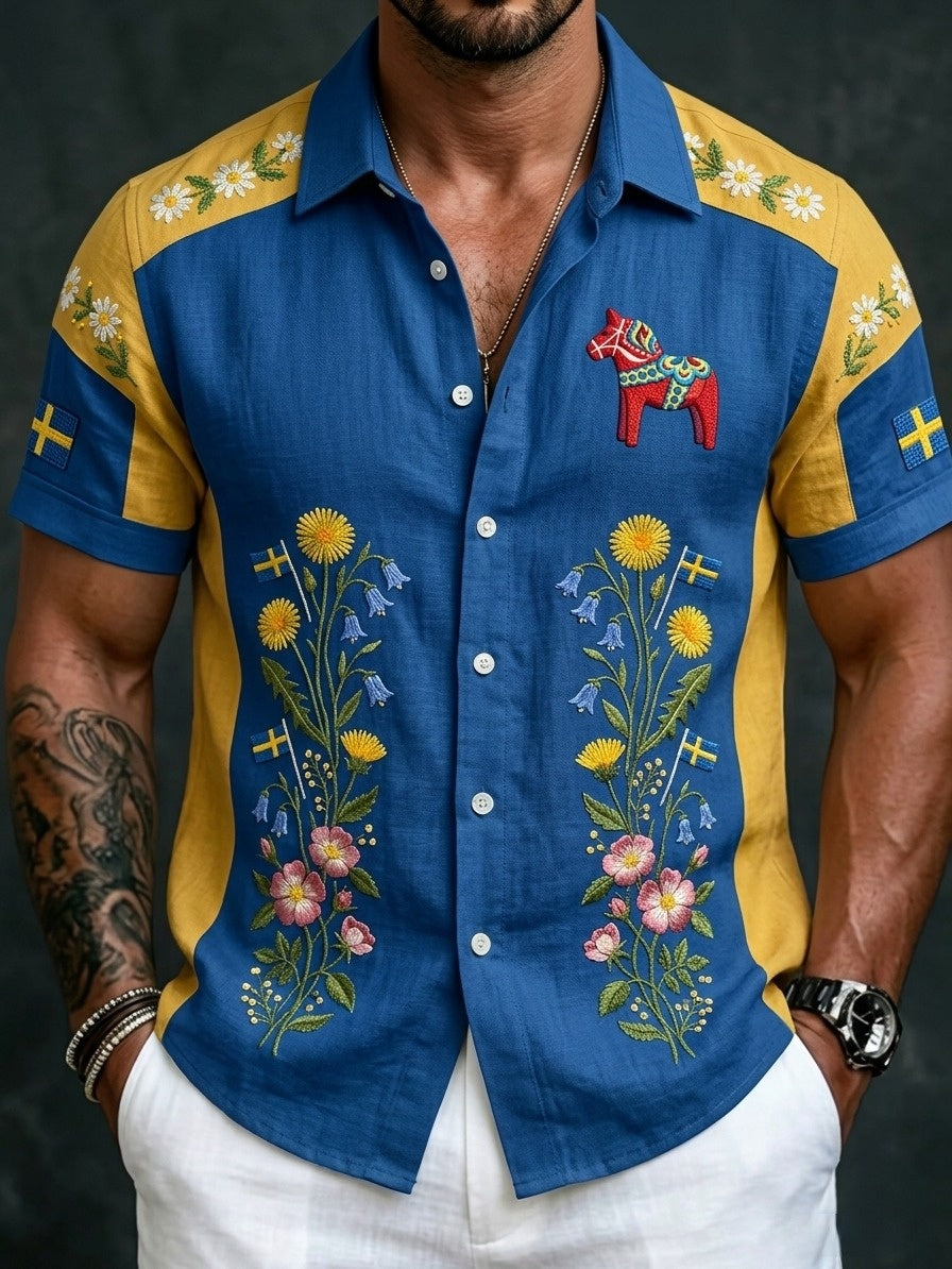 Men's retro Swedish Midsummer folk never-fading floral cotton-linen short-sleeved shirt