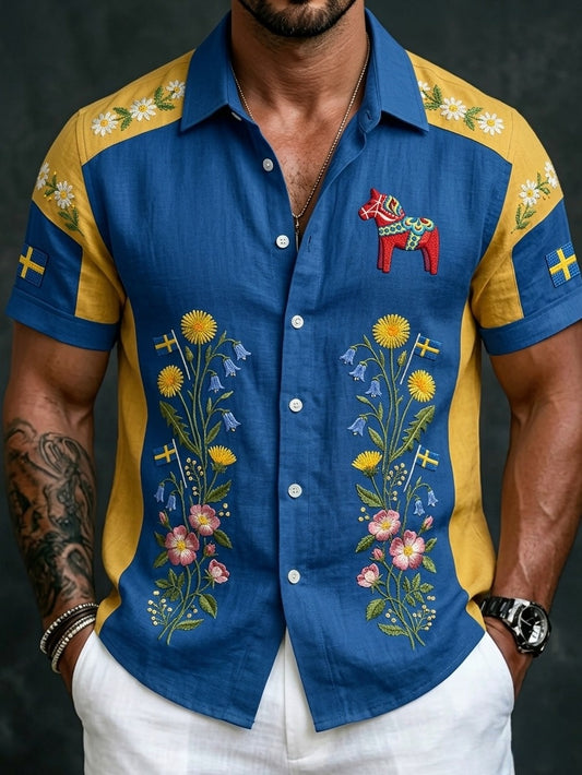 Men's retro Swedish Midsummer folk never-fading floral cotton-linen short-sleeved shirt