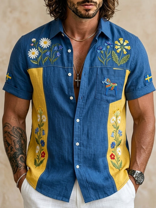 Men's retro Swedish Midsummer folk never-fading floral cotton-linen short-sleeved shirt