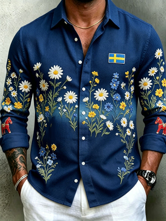 Men's retro Swedish Midsummer folk never floral waffle long-sleeve shirt
