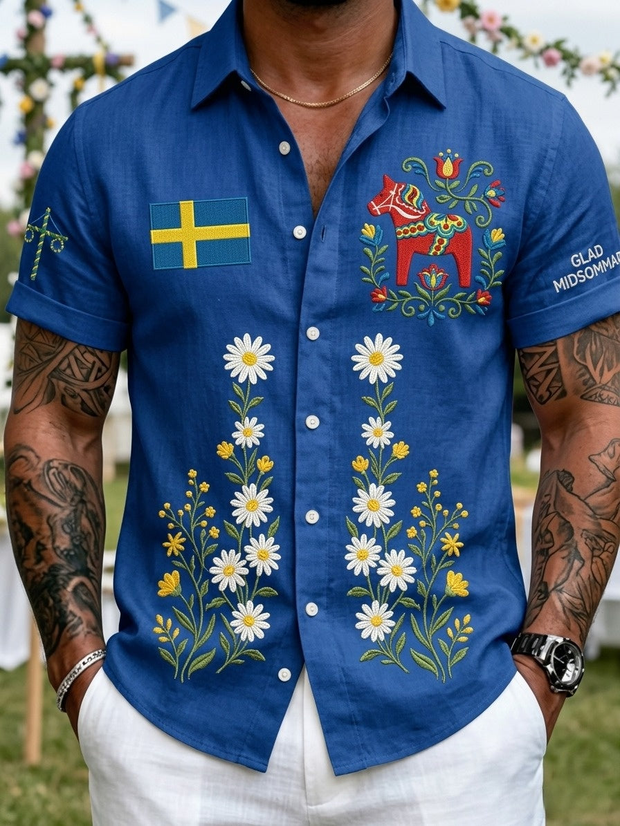 Herrretro svensk midsommarfolkaldrigblommig bomull-linne skjorta med korta ärmarna