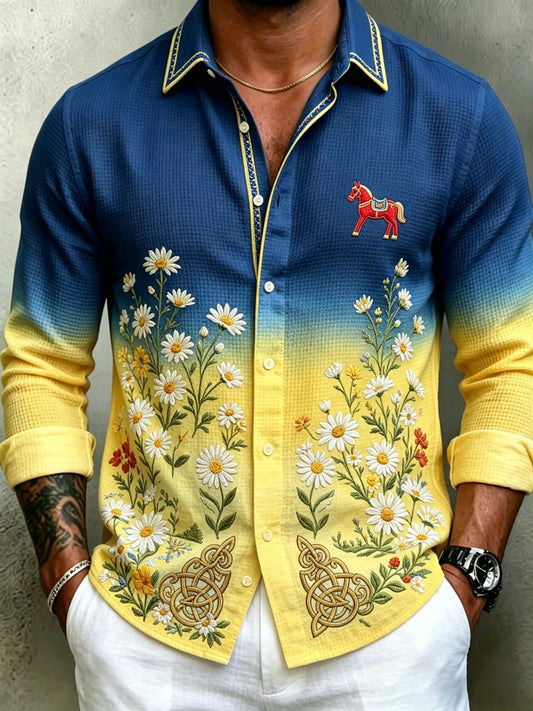 Men's retro Swedish Midsummer folk never-fading floral waffle-knit long-sleeved shirt