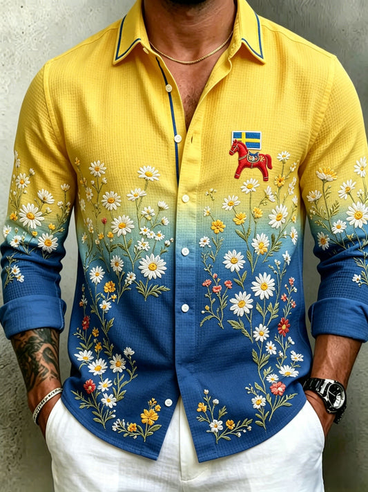 Men's Retro Swedish Midsummer Folk Never Floral Waffle Knit Long Sleeve Shirt