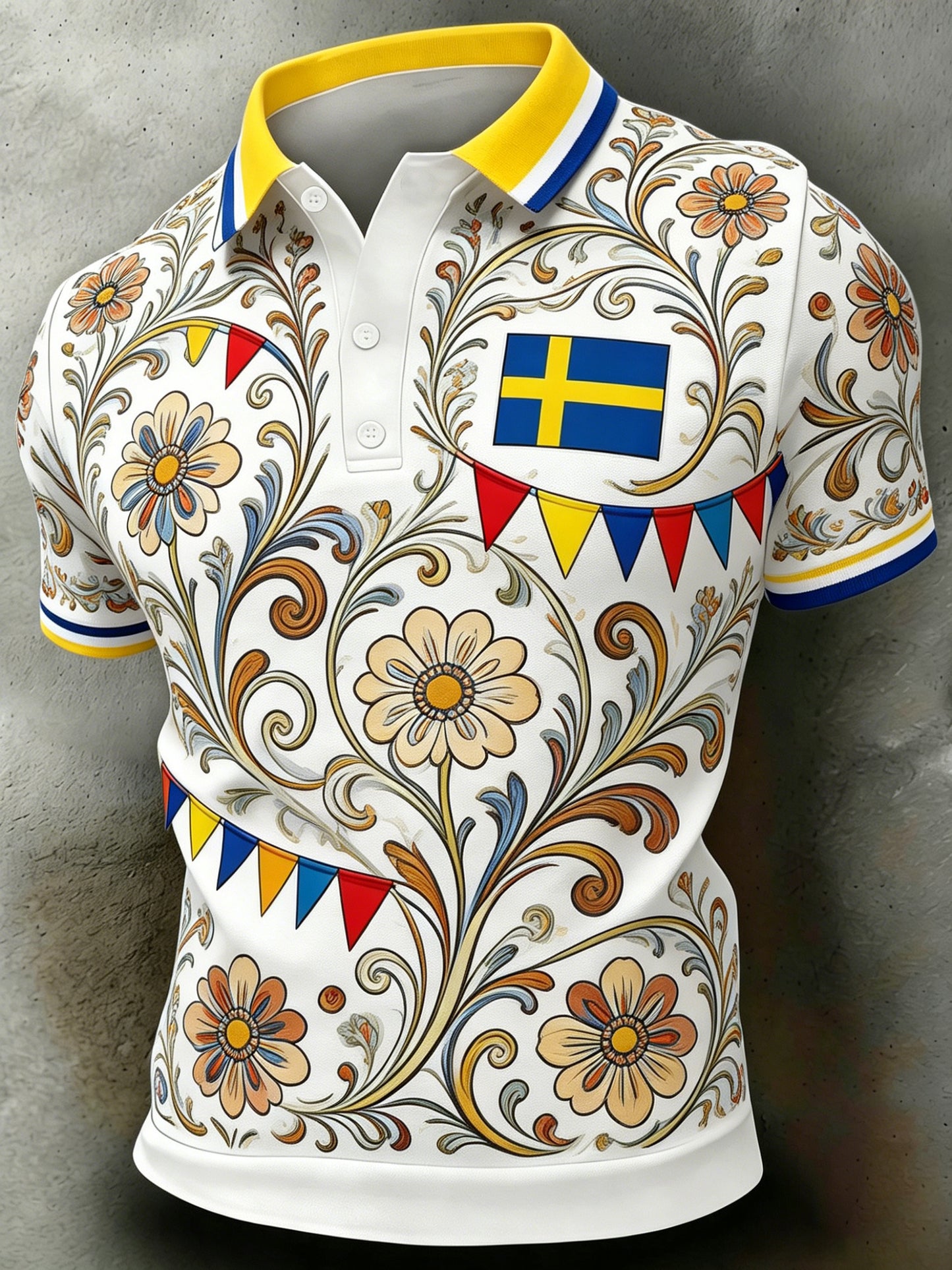 Herrpolo med korta ärmar och konsttryck till minne av Sveriges nationaldag