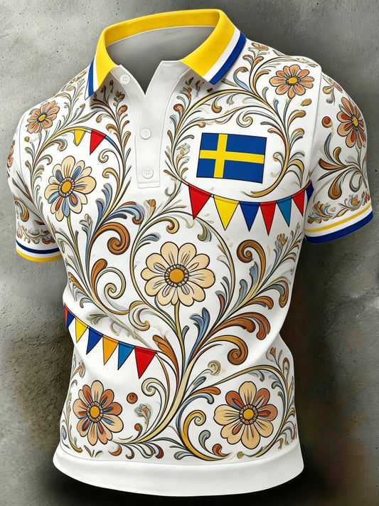 Men's polo shirt with short sleeves and an art print commemorating Sweden's National Day