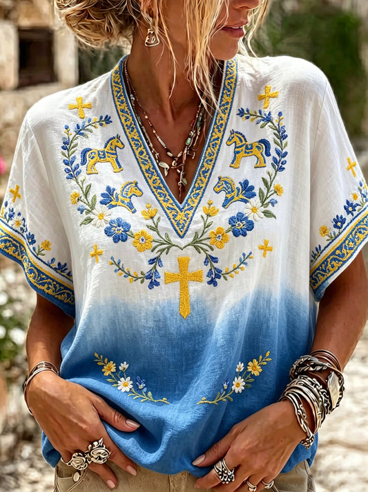 Ladies' Swedish National Day Commemorative Art Print V-Neck Top