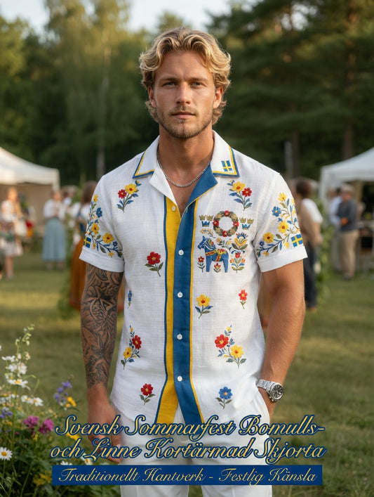 Men's retro Swedish Midsummer folk never-fading floral cotton-linen short-sleeved shirt