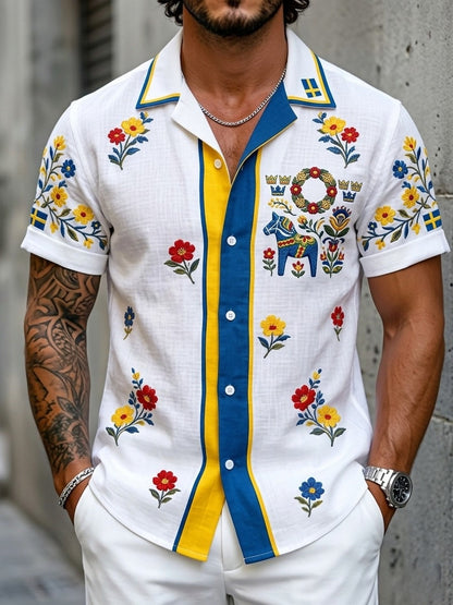 Men's retro Swedish Midsummer folk never-fading floral cotton-linen short-sleeved shirt