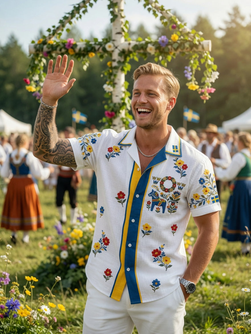 Men's retro Swedish Midsummer folk never-fading floral cotton-linen short-sleeved shirt