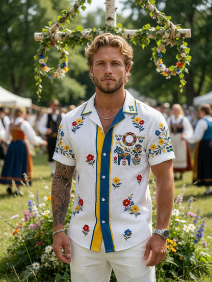 Men's retro Swedish Midsummer folk never-fading floral cotton-linen short-sleeved shirt