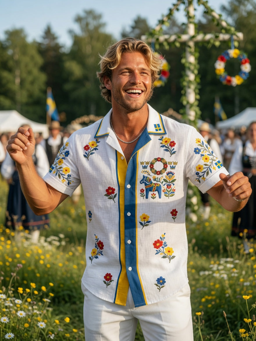 Men's retro Swedish Midsummer folk never-fading floral cotton-linen short-sleeved shirt