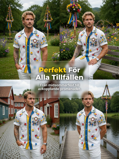Men's retro Swedish Midsummer folk never-fading floral cotton-linen short-sleeved shirt
