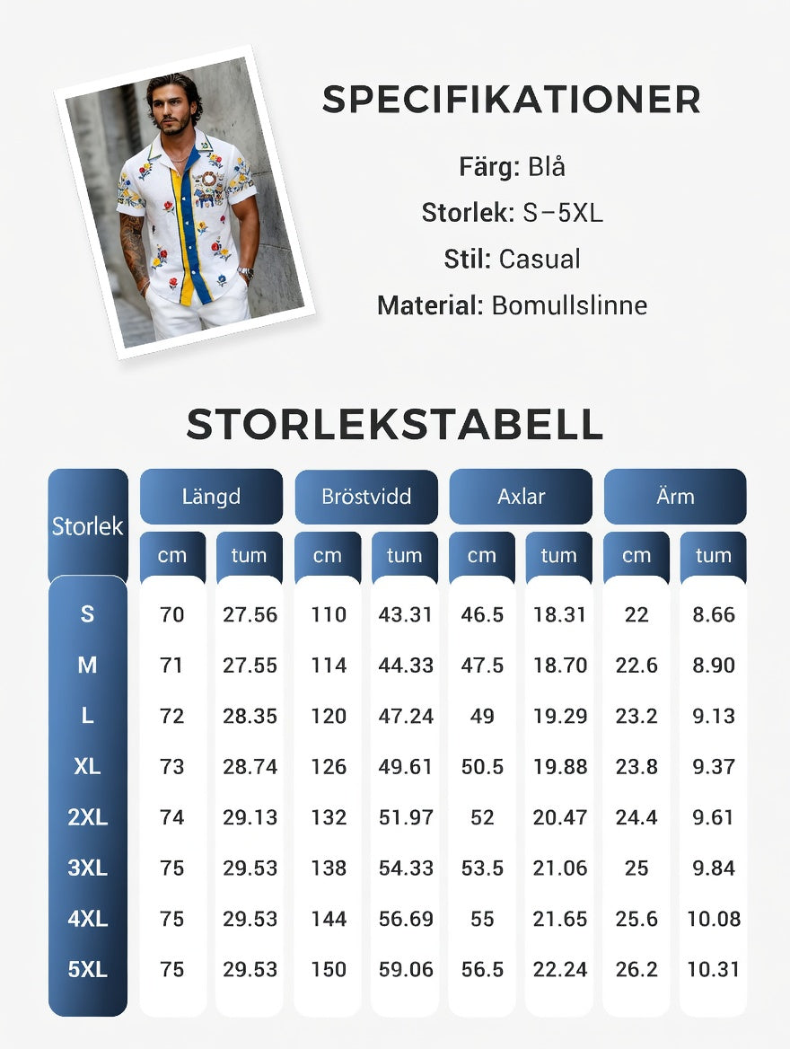 Men's retro Swedish Midsummer folk never-fading floral cotton-linen short-sleeved shirt