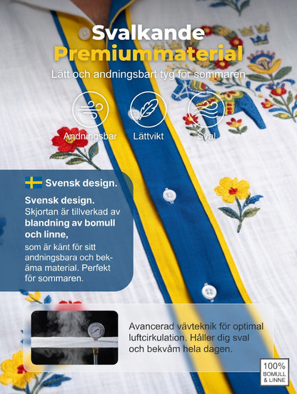 Men's retro Swedish Midsummer folk never-fading floral cotton-linen short-sleeved shirt