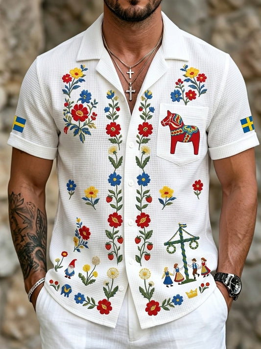 Men's retro Swedish midsummer floral waffle short-sleeved top