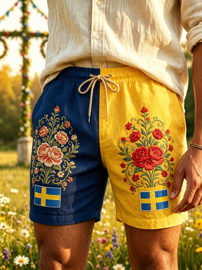 Herrkläder Retro Svenska Midsommar Folk Floral Bomull-Linne Korta Byxor