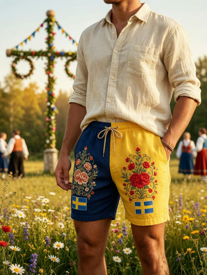 Herrkläder Retro Svenska Midsommar Folk Floral Bomull-Linne Korta Byxor