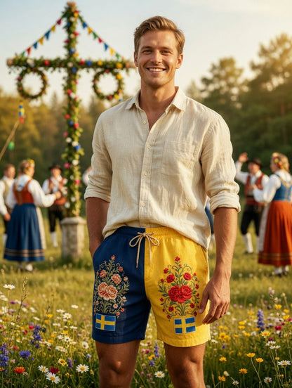 Herrkläder Retro Svenska Midsommar Folk Floral Bomull-Linne Korta Byxor
