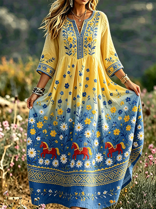 Women Swedish Midsummer Dala Horse Print Casual Fashion Cotton-Linen V-Neck Sleeve Dress