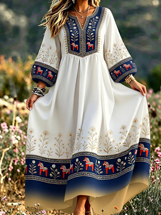 Women's retro-style shirt with Swedish art print, bohemian style, cotton linen dress