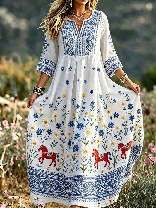Women Swedish Midsummer Dala Horse Print Casual Fashion Cotton-Linen V-Neck Sleeve Dress