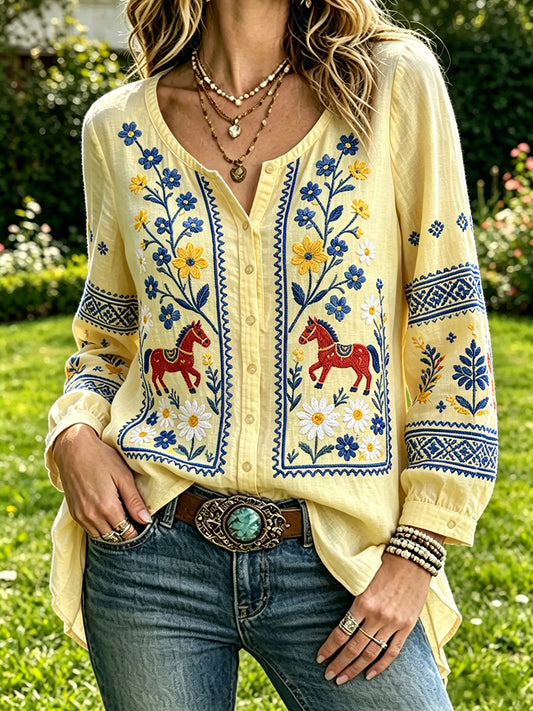 Women's midsummer floral long-sleeve top for vacation