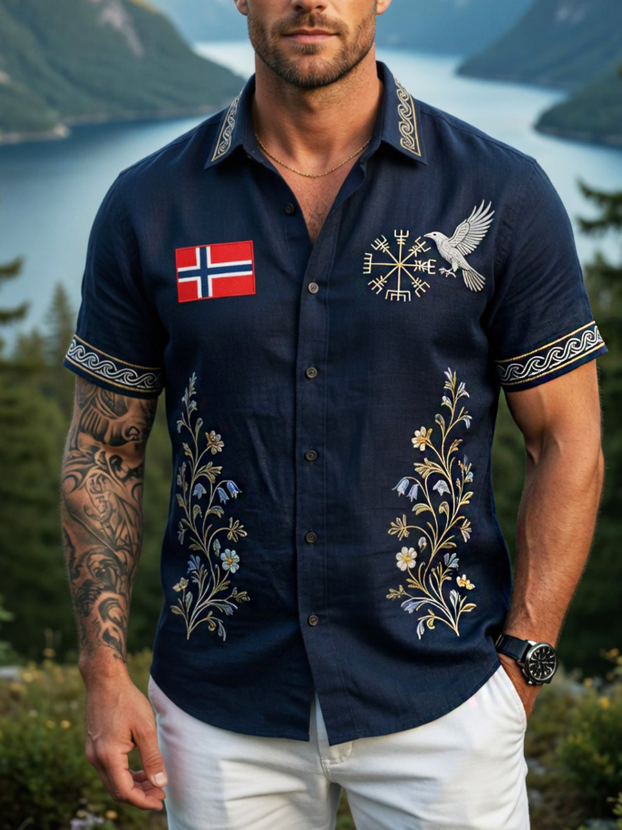 Old Scandinavian style men's cotton-linen shirt with Norwegian art print