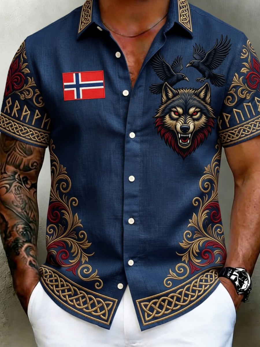 Old Scandinavian style men's cotton-linen shirt with Norwegian art print
