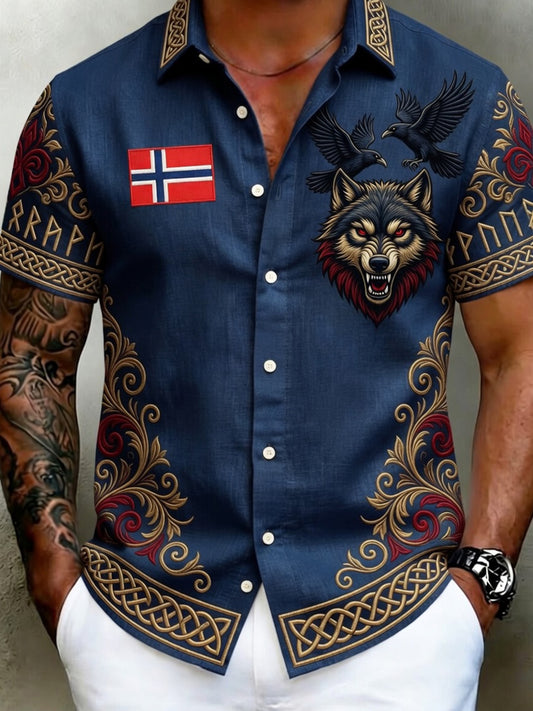 Old Scandinavian style men's cotton-linen shirt with Norwegian art print