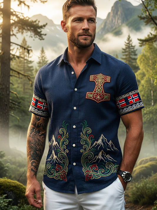 Old Scandinavian style men's cotton-linen shirt with Norwegian art print