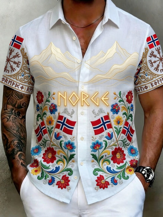 Old Scandinavian style men's shirt in cotton-linen with Norwegian art print