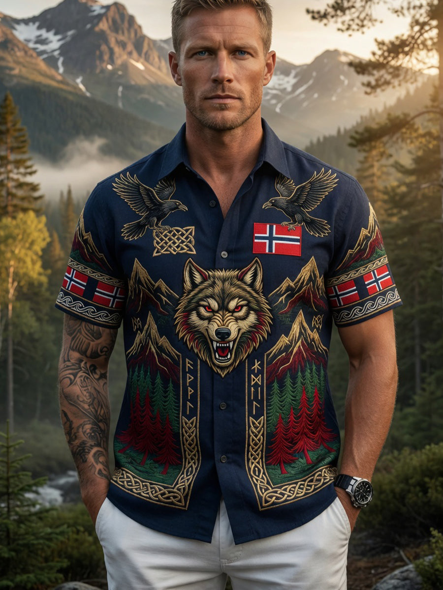 Old Scandinavian style men's cotton-linen shirt with Norwegian art print