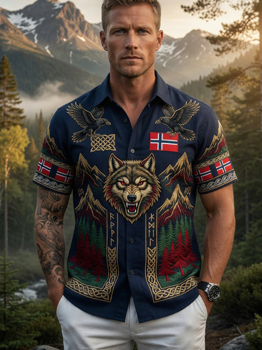 Old Scandinavian style men's cotton-linen shirt with Norwegian art print