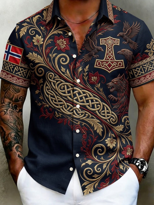 Old Scandinavian style men's cotton-linen shirt with Norwegian art print