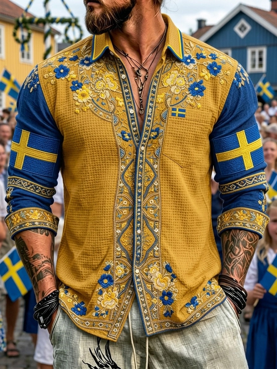 Men's retro Swedish National Day Midsummer folkloric floral waffle-patterned long-sleeved shirt