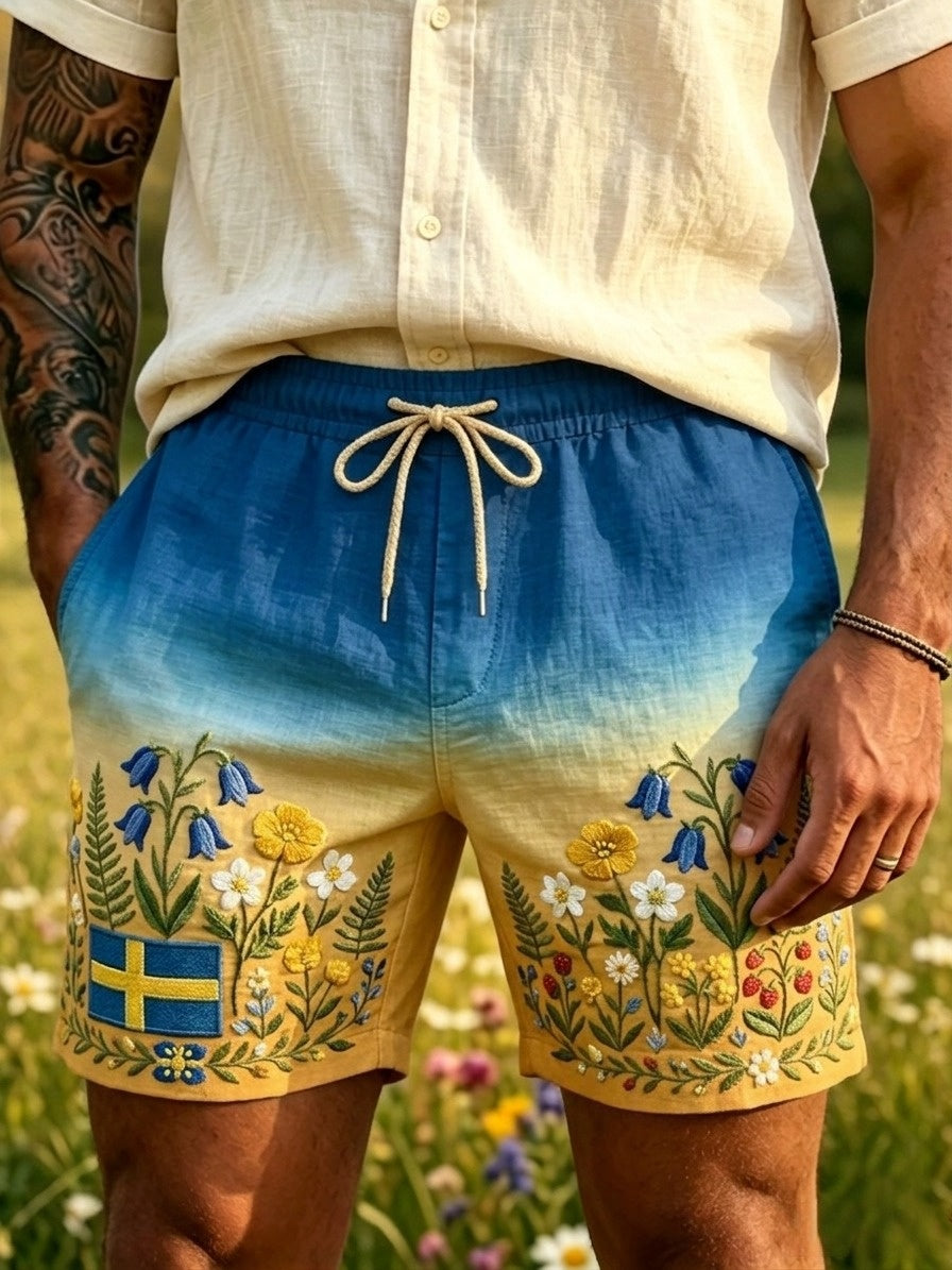 Herrers retro svenska nationaldags-/midsommarfolkloristiska korta byxor i bomull-linne med blommönster