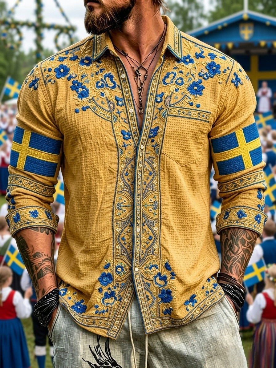 Herrretro svensk nationaldag midsommar folkloristisk blommig vaffelmönstrad långärmad skjorta
