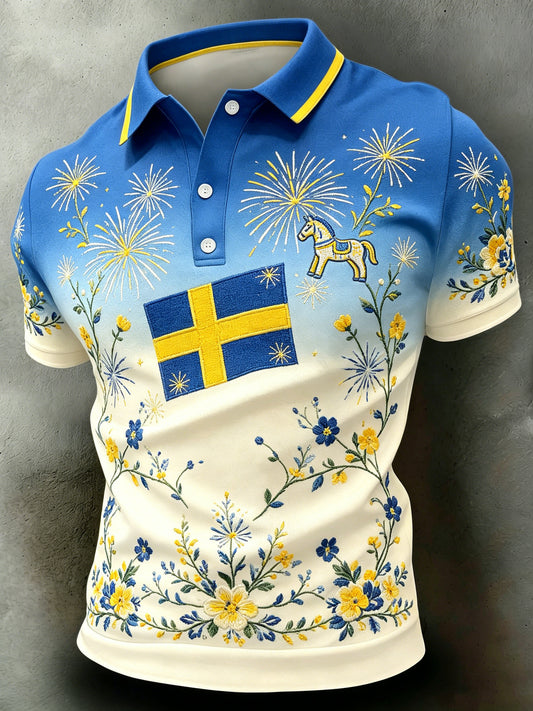 Men's short-sleeved polo shirt with art print commemorating Sweden's National Day