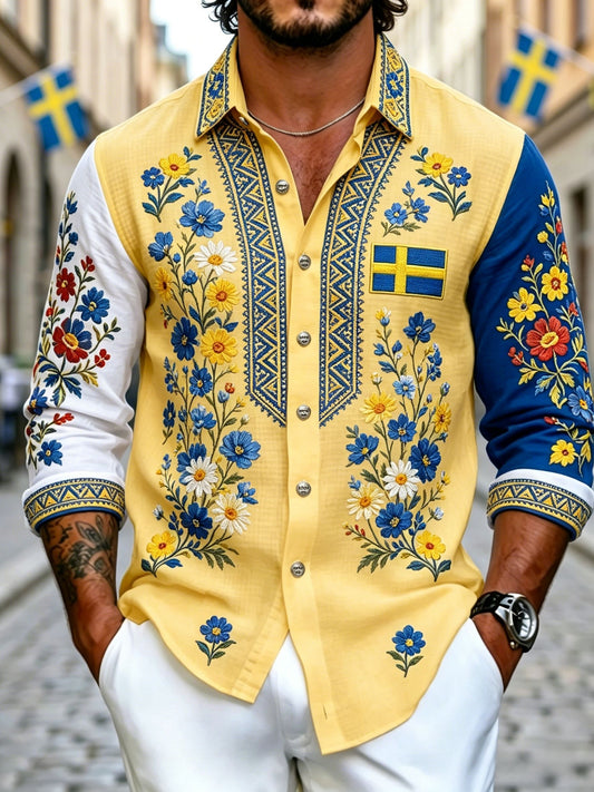 Men's retro Swedish National Day Midsummer folkloric floral long-sleeved shirt