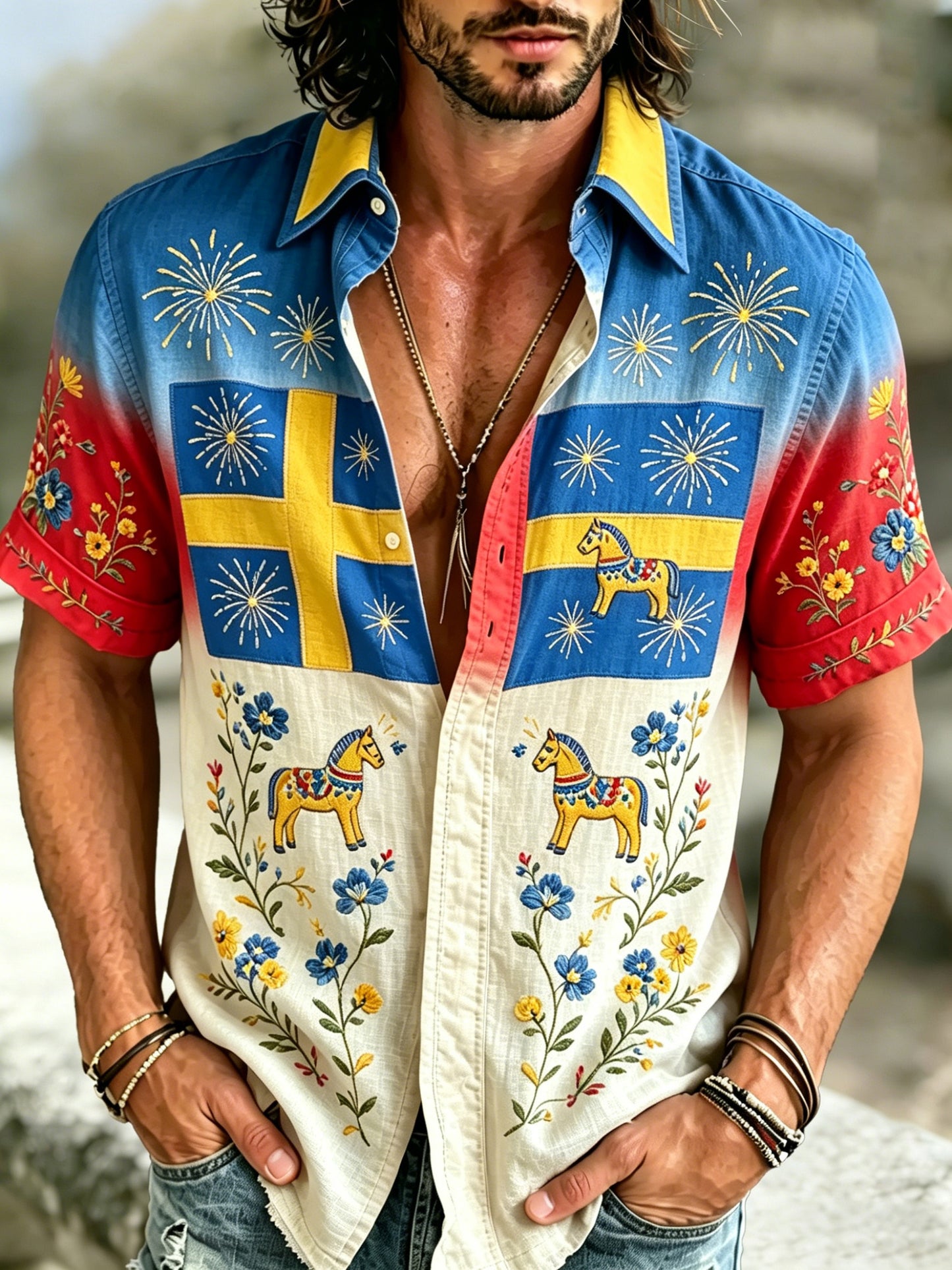 Herrtröja med konsttryck till minne av Sveriges nationaldag, kortärmad