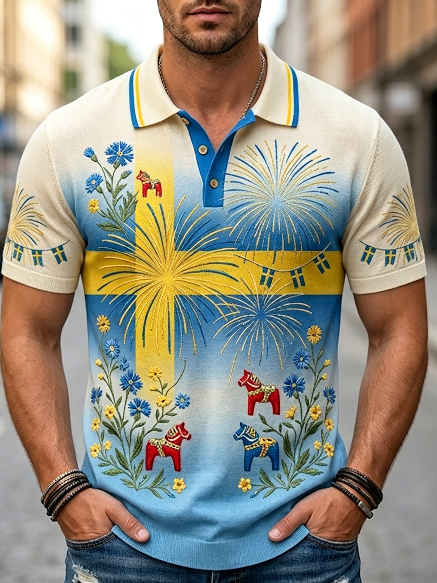 Men's polo shirt with short sleeves and art print commemorating Sweden's National Day