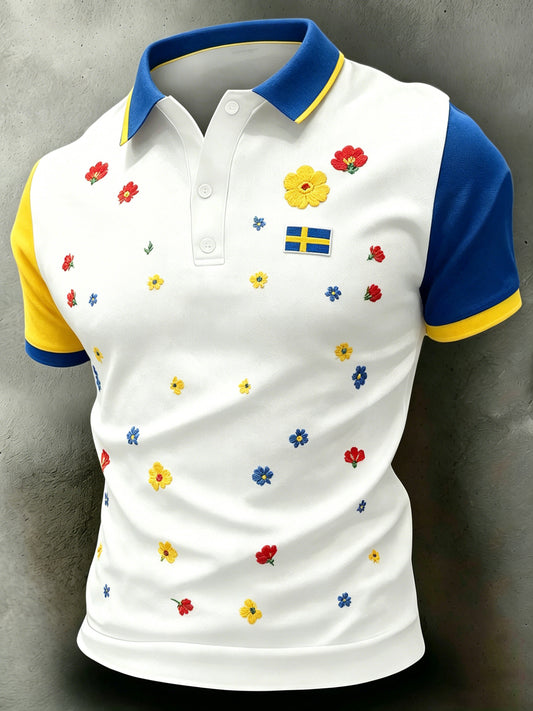 Men's short-sleeved polo shirt with art print commemorating Sweden's National Day