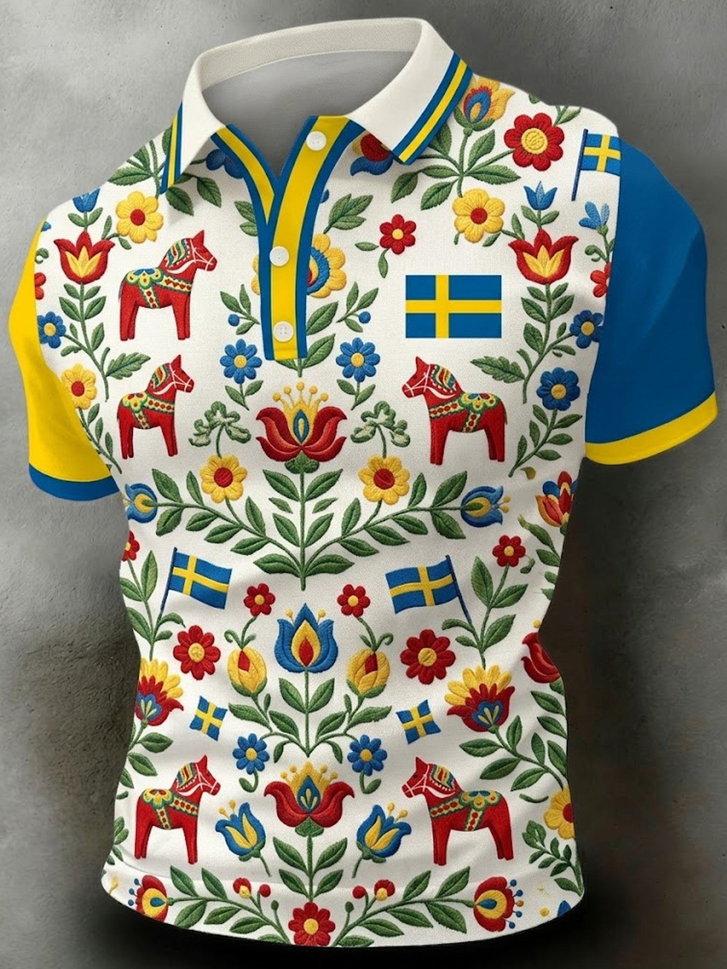 Herrpolotröja med korta ärmar och konsttryck till minne av Sveriges nationaldag