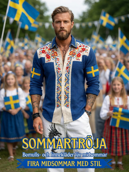 Men's Retro Swedish National Day Midsummer Folkloric Floral Waffle-Patterned Long-Sleeved Shirt