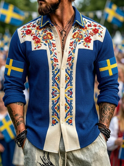 Herrretro svensk nationaldag midsommar folkloristisk blommig vaffelmönstrad långärmad skjorta