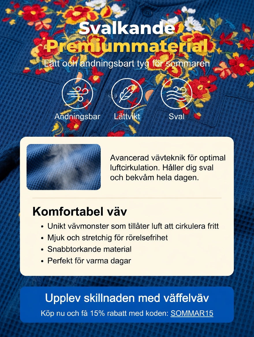 Herrretro svensk nationaldag midsommar folkloristisk blommig vaffelmönstrad långärmad skjorta